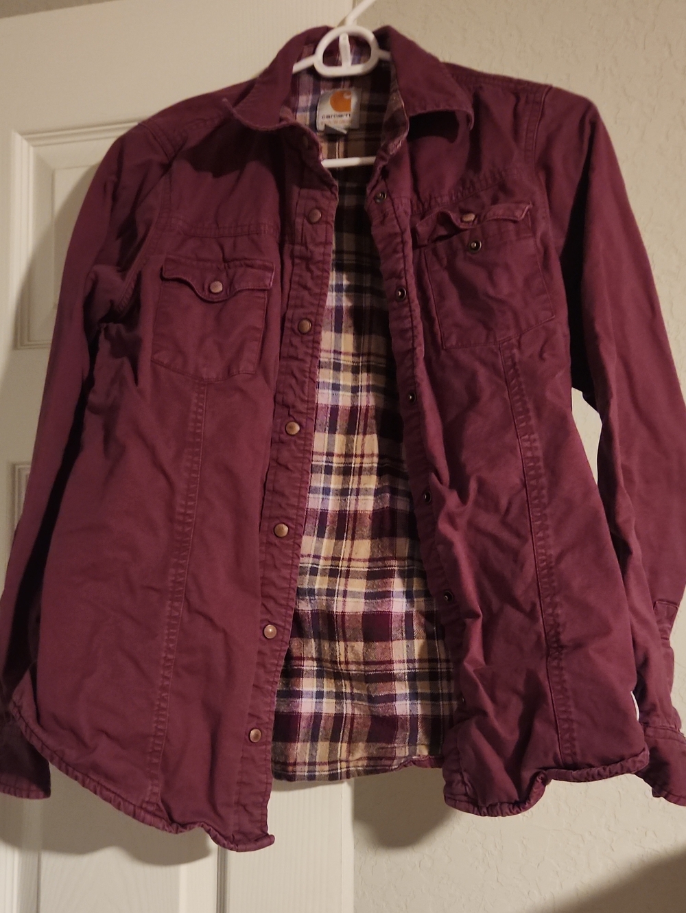 Carhartt Women's Plum Button-Front Jean Jacket with Plaid Lining